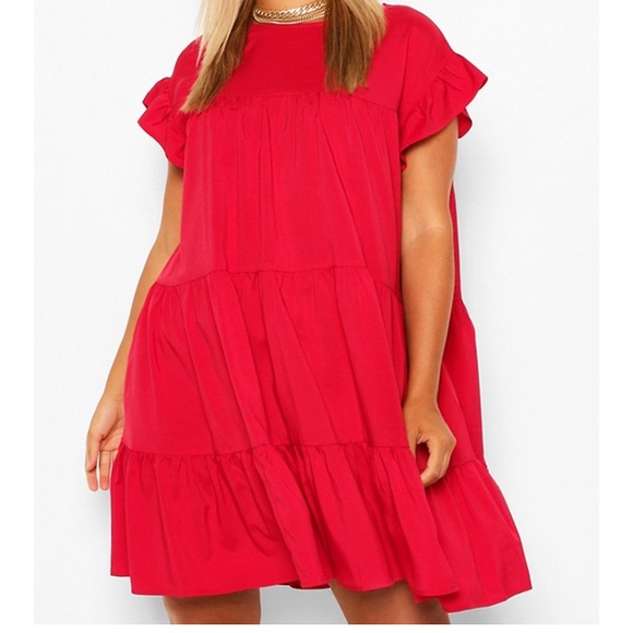 BOOHOO Plus Red Tiered Ruffle Smock Mini Dress 22 - Picture 5 of 5